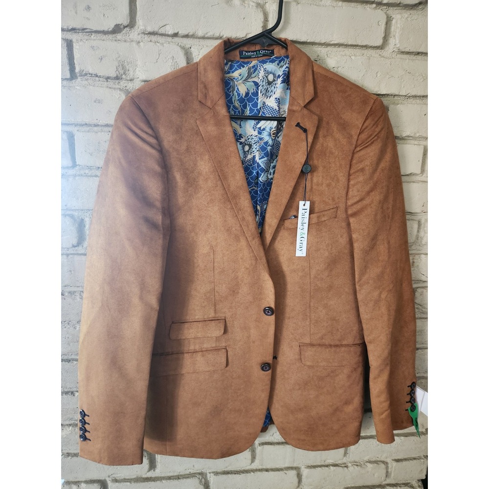 NWT Paisley & Gray Mens Slim Fit Faux Suede Blazer Camel Brown Sport Coat